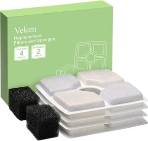 Veken 4 Pack Replacement Filters & 2 Pack Replacement Pre-Filter Sponges for Automatic Pet Fountain Cat Water Fountain Dog Water Dispenser